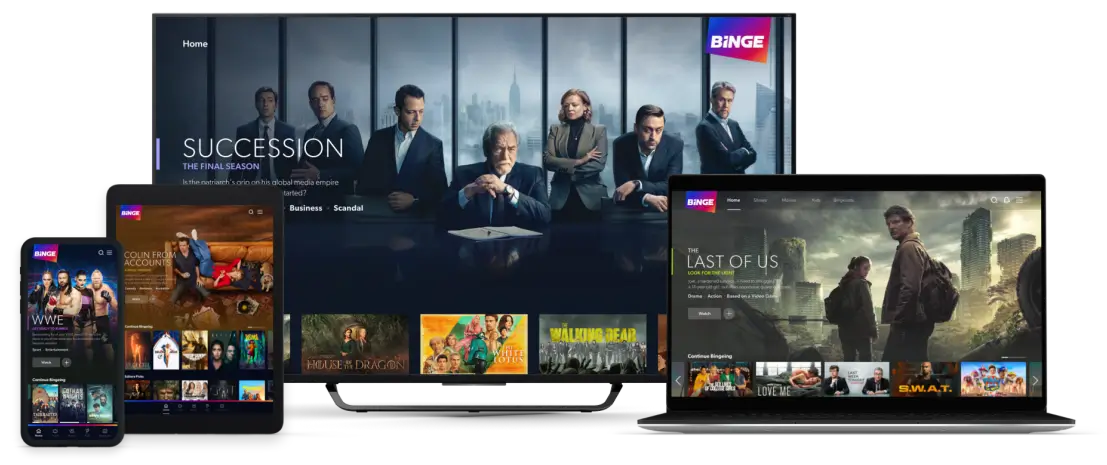 Interface d’une plateforme de streaming affichée sur télévision, ordinateur portable, tablette et smartphone.